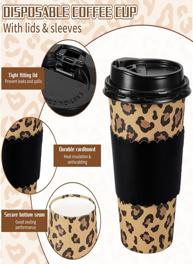 Whaline 50Pcs 16Oz Cheetah Print Leopard Party Disposable Coffee Cups with Lids and Sleeves Jungle Safari Leopard Paper Drinking Cup for Birthday Baby Shower Party Supplies - Image 3